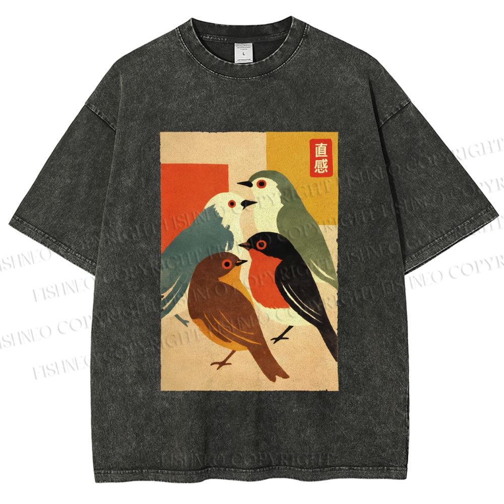 Unisex Vintage Birds Meeting Printed Washed Tee