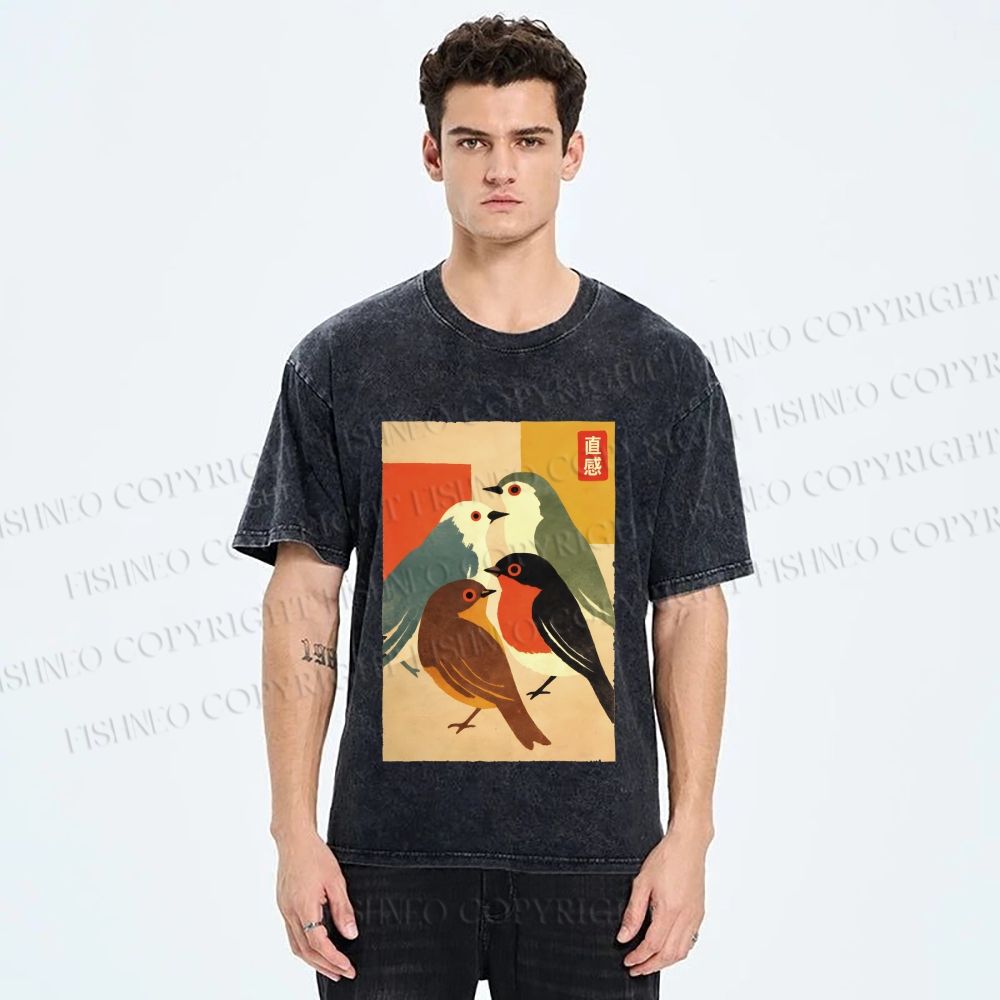 Unisex Vintage Birds Meeting Printed Washed Tee