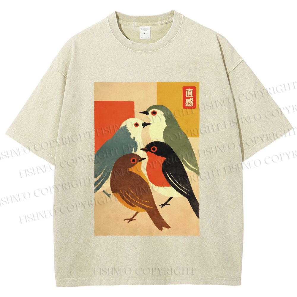 Unisex Vintage Birds Meeting Printed Washed Tee