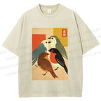 Unisex Vintage Birds Meeting Printed Washed Tee