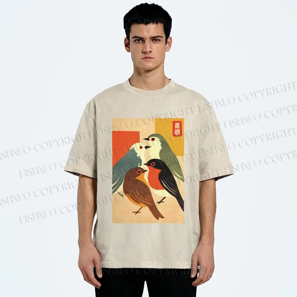 Unisex Vintage Birds Meeting Printed Washed Tee