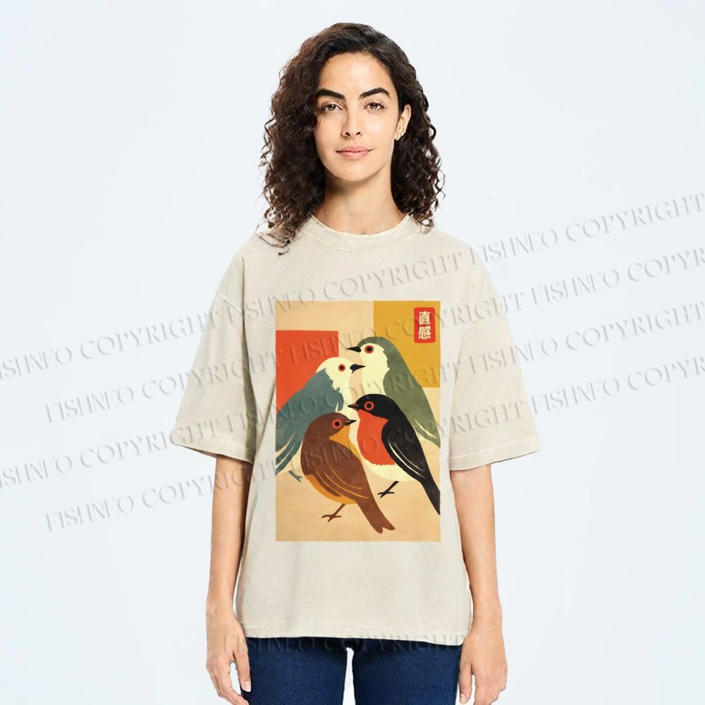 Unisex Vintage Birds Meeting Printed Washed Tee