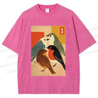 Unisex Vintage Birds Meeting Printed Washed Tee