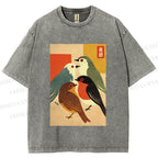 Unisex Vintage Birds Meeting Printed Washed Tee