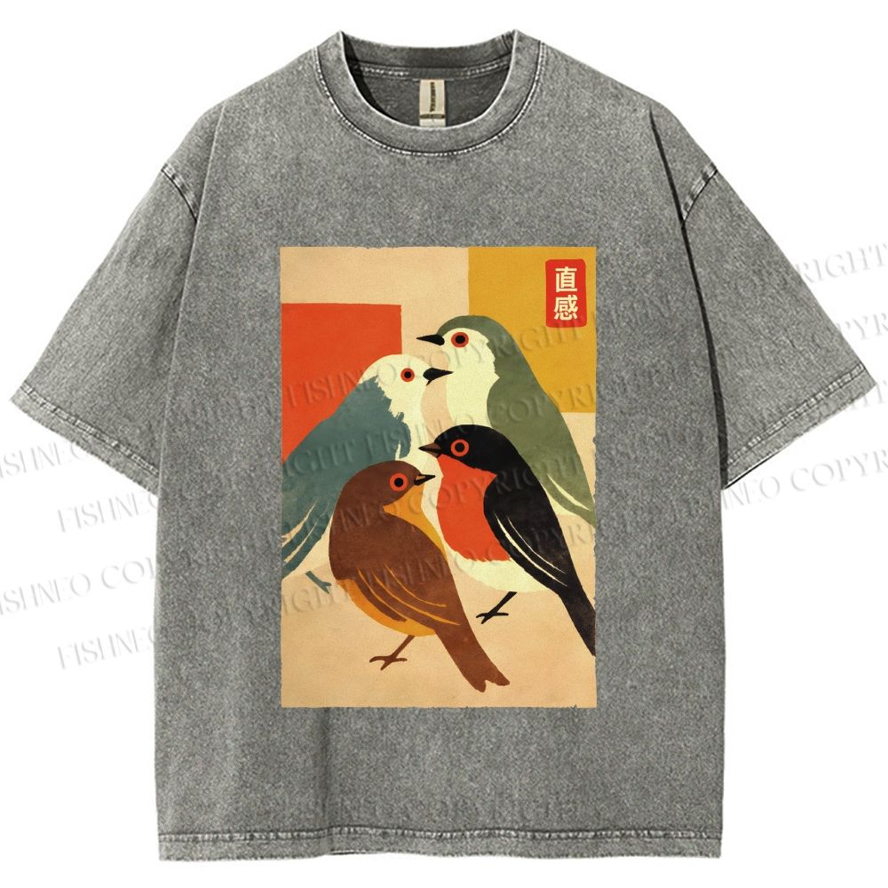 Unisex Vintage Birds Meeting Printed Washed Tee