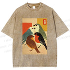Unisex Vintage Birds Meeting Printed Washed Tee