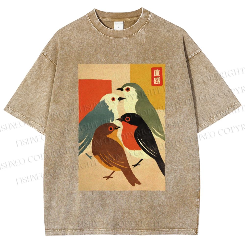 Unisex Vintage Birds Meeting Printed Washed Tee