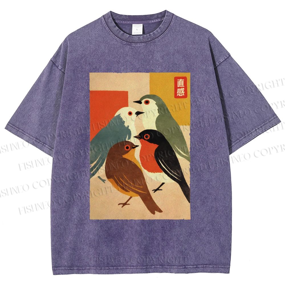 Unisex Vintage Birds Meeting Printed Washed Tee