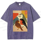 Unisex Vintage Birds Meeting Printed Washed Tee