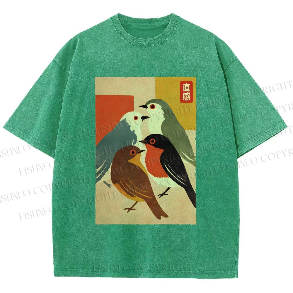 Unisex Vintage Birds Meeting Printed Washed Tee
