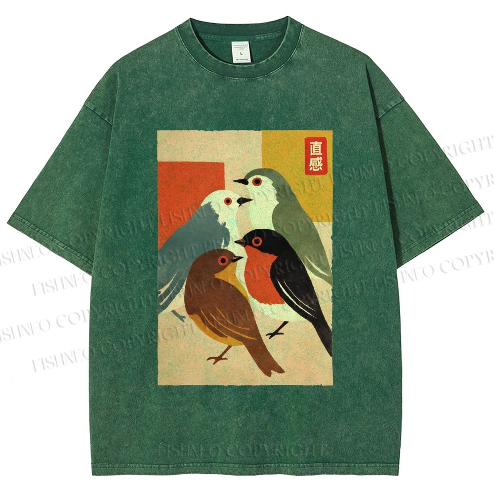 Unisex Vintage Birds Meeting Printed Washed Tee