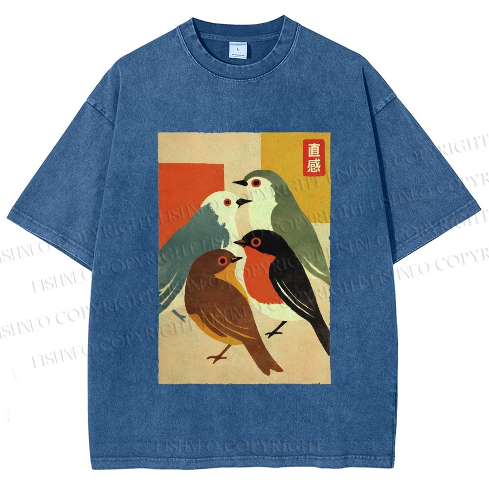 Unisex Vintage Birds Meeting Printed Washed Tee
