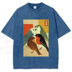 Unisex Vintage Birds Meeting Printed Washed Tee