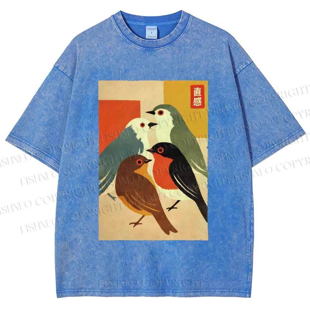 Unisex Vintage Birds Meeting Printed Washed Tee
