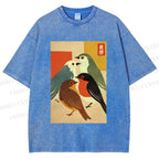 Unisex Vintage Birds Meeting Printed Washed Tee