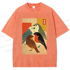 Unisex Vintage Birds Meeting Printed Washed Tee