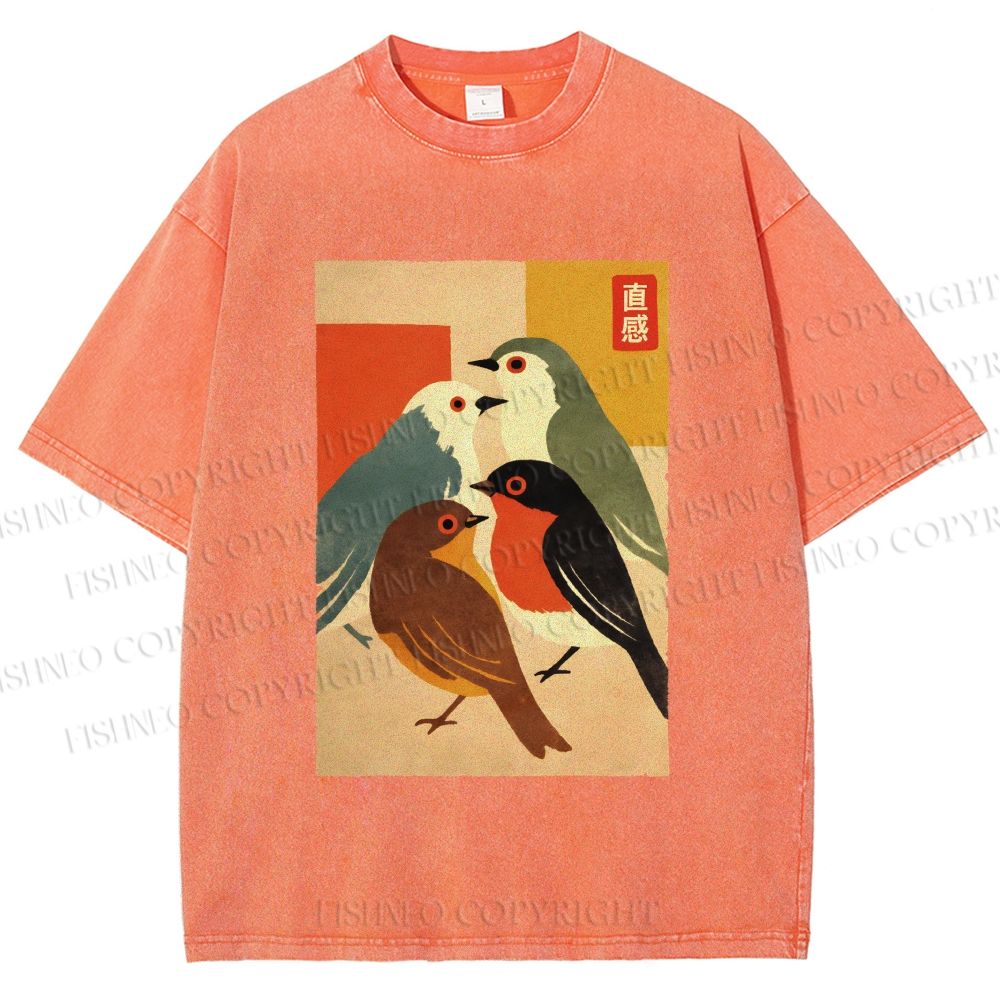 Unisex Vintage Birds Meeting Printed Washed Tee