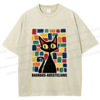 Unisex Black Cat Bauhaus Design Printed Washed Tee