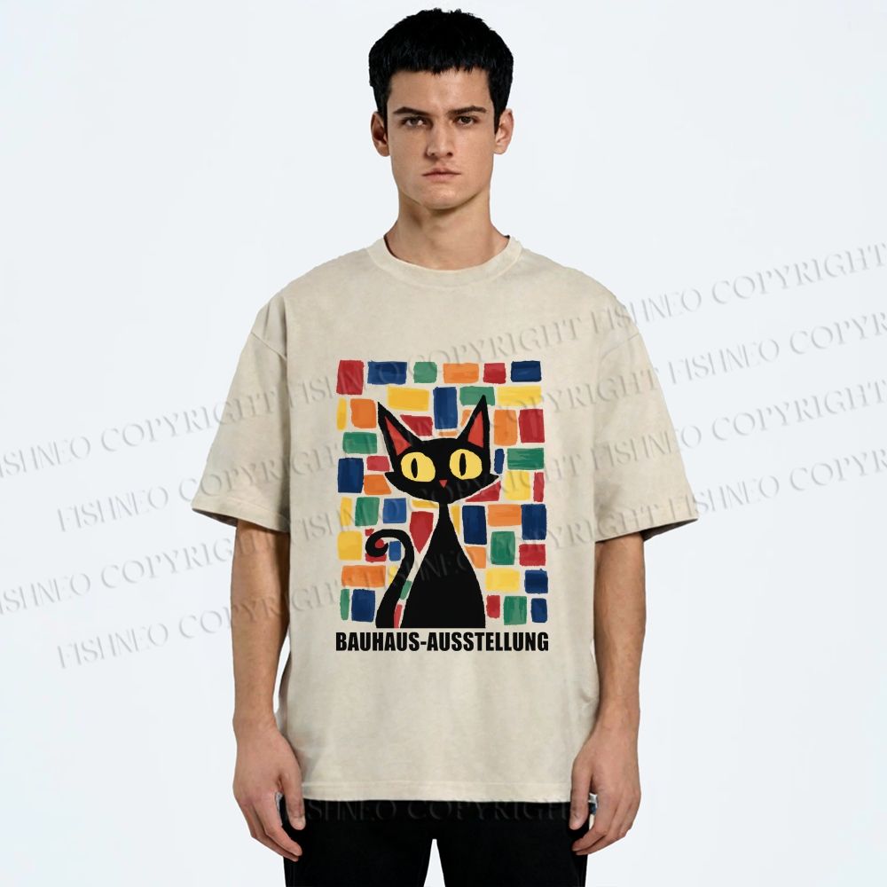 Unisex Black Cat Bauhaus Design Printed Washed Tee