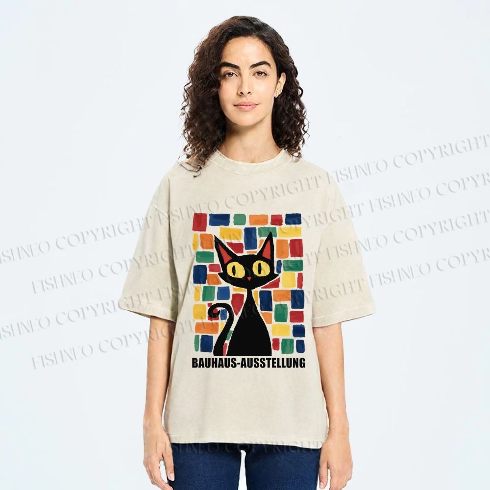 Unisex Black Cat Bauhaus Design Printed Washed Tee
