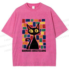 Unisex Black Cat Bauhaus Design Printed Washed Tee