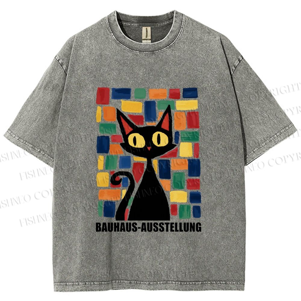 Unisex Black Cat Bauhaus Design Printed Washed Tee