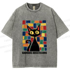 Unisex Black Cat Bauhaus Design Printed Washed Tee