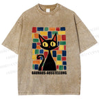 Unisex Black Cat Bauhaus Design Printed Washed Tee