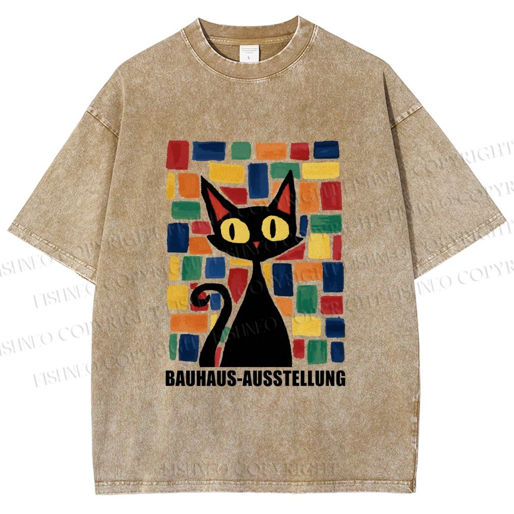Unisex Black Cat Bauhaus Design Printed Washed Tee