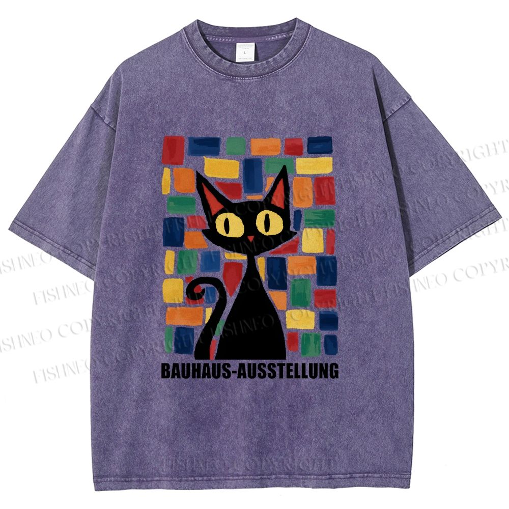 Unisex Black Cat Bauhaus Design Printed Washed Tee