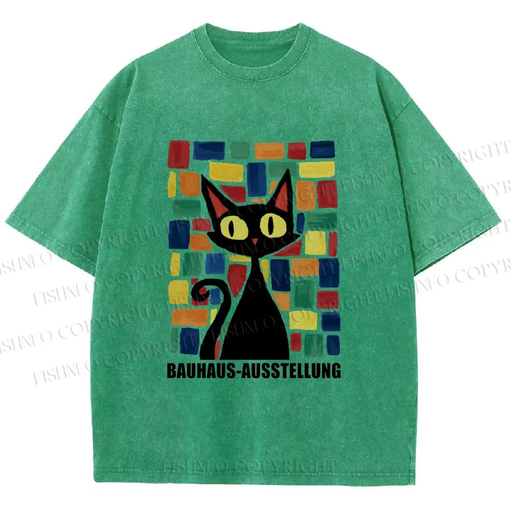 Unisex Black Cat Bauhaus Design Printed Washed Tee