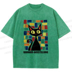 Unisex Black Cat Bauhaus Design Printed Washed Tee