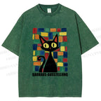Unisex Black Cat Bauhaus Design Printed Washed Tee