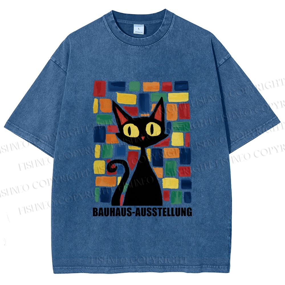 Unisex Black Cat Bauhaus Design Printed Washed Tee