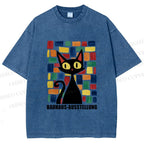 Unisex Black Cat Bauhaus Design Printed Washed Tee