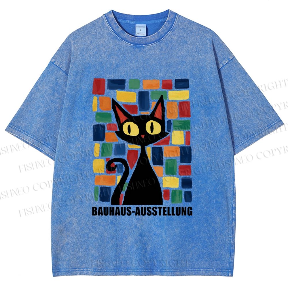 Unisex Black Cat Bauhaus Design Printed Washed Tee