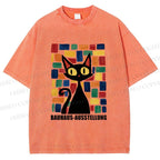 Unisex Black Cat Bauhaus Design Printed Washed Tee
