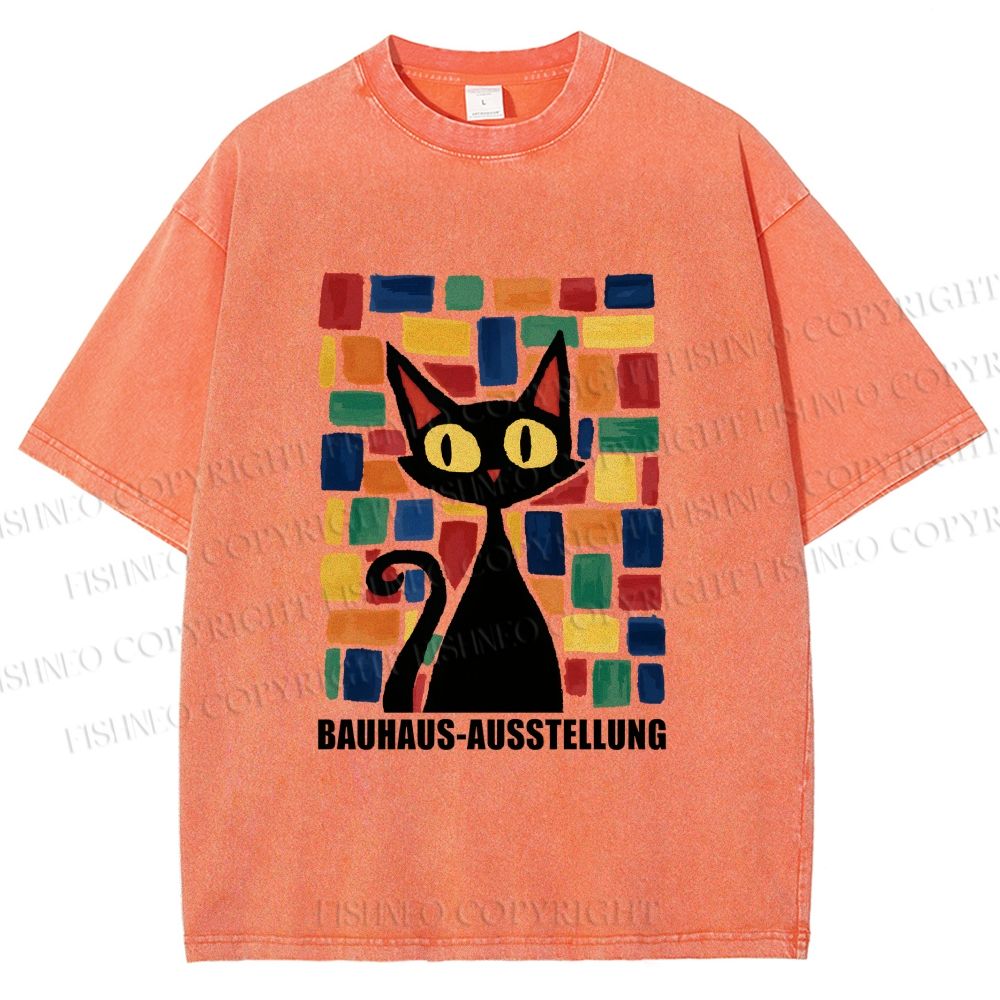 Unisex Black Cat Bauhaus Design Printed Washed Tee