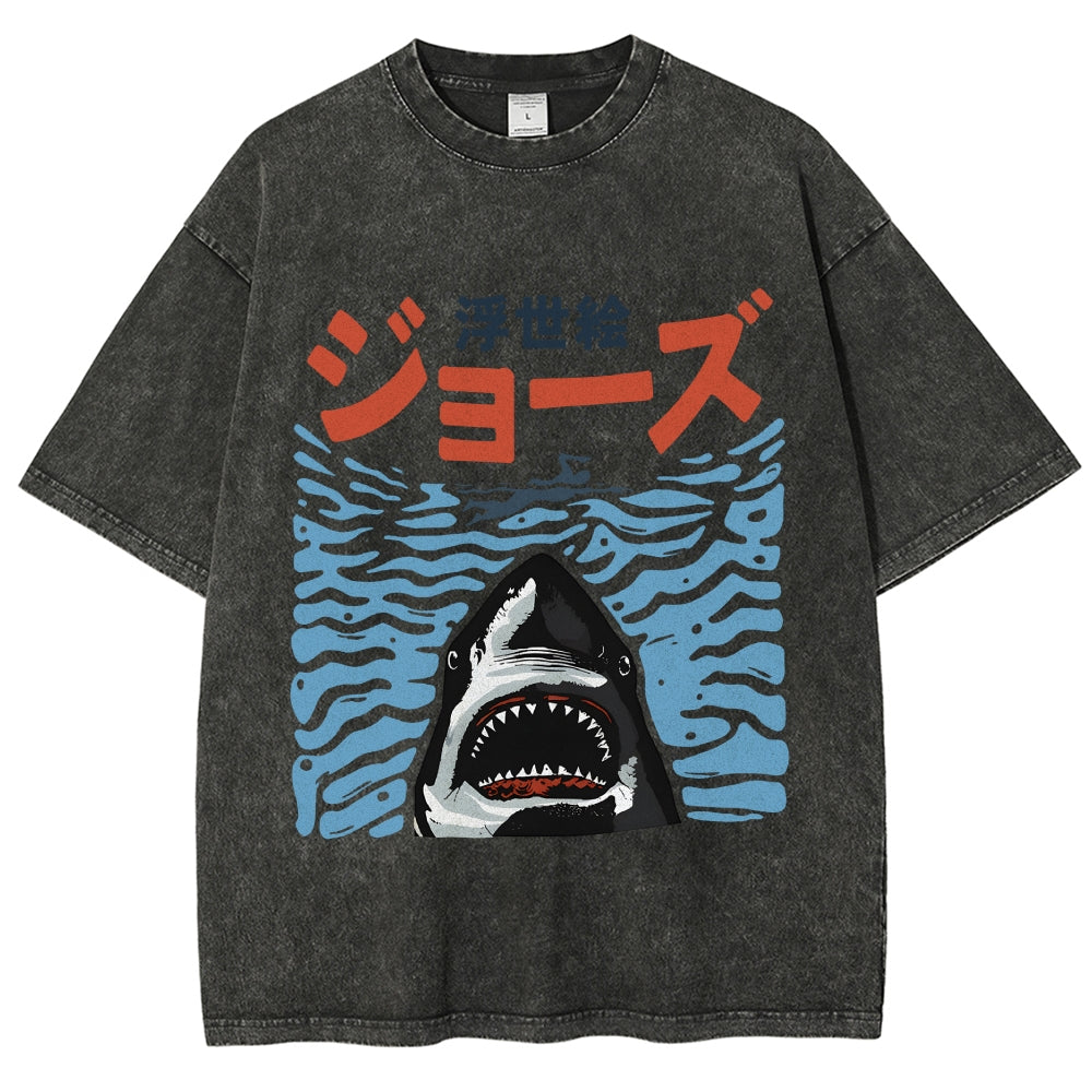 Ukiyoe Jaws Shark Vintage Washed T-shirt
