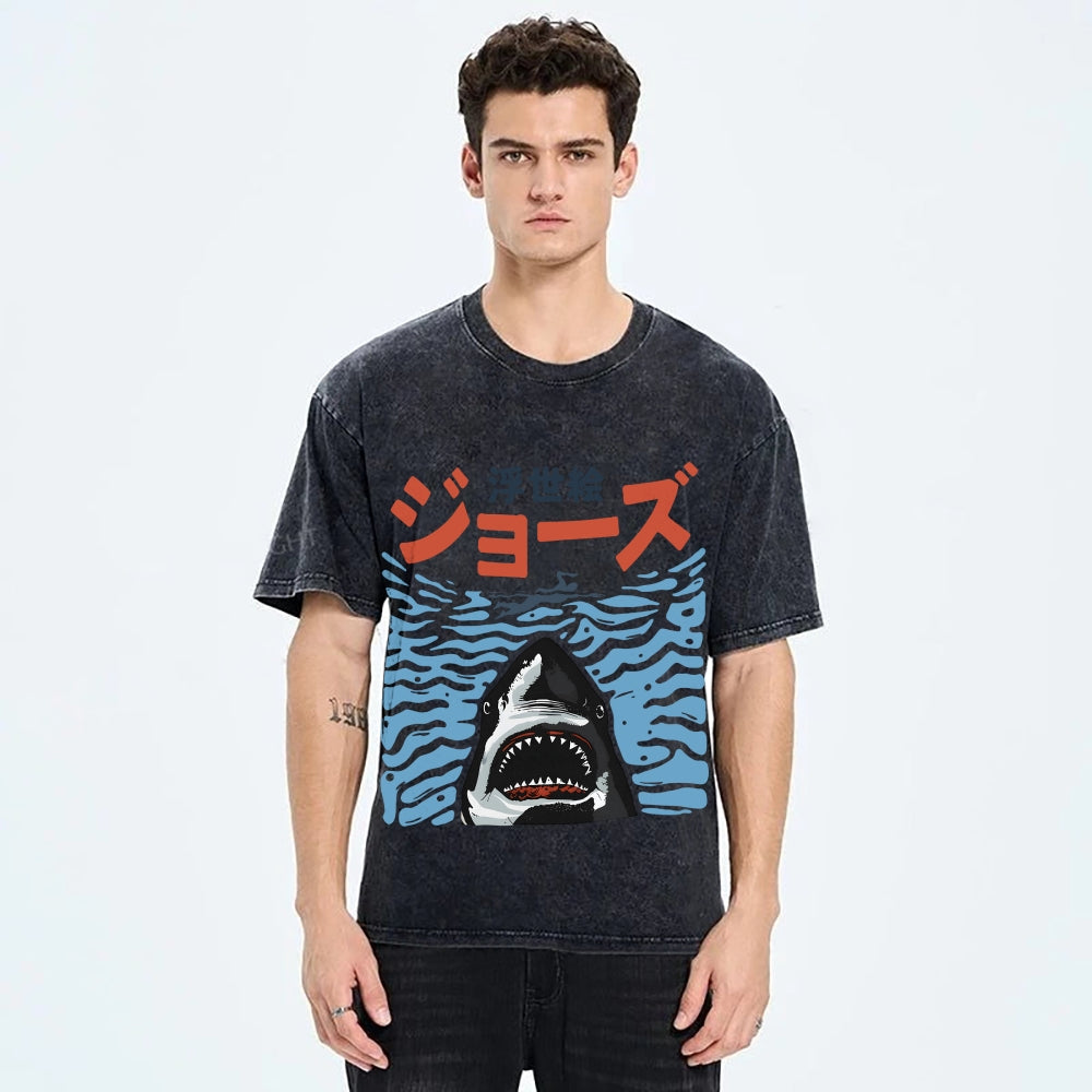 Ukiyoe Jaws Shark Vintage Washed T-shirt