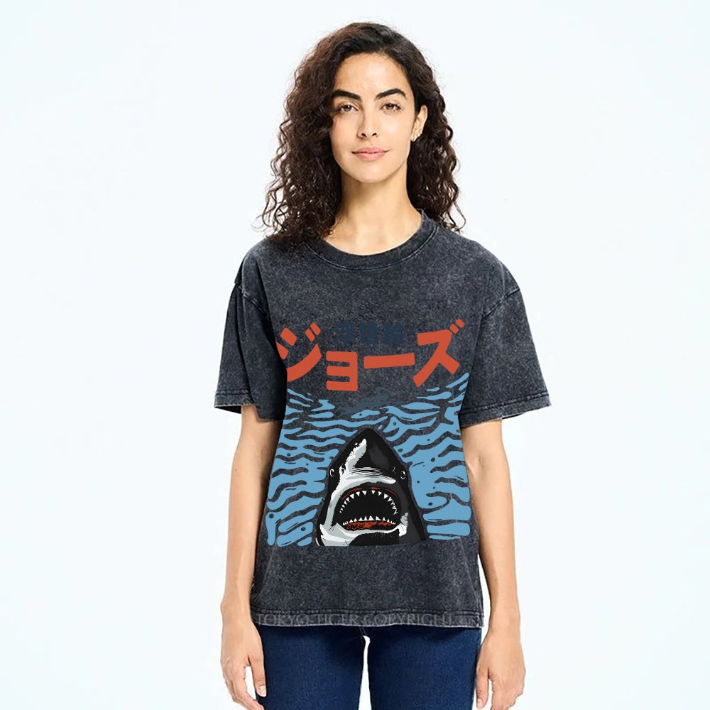 Ukiyoe Jaws Shark Vintage Washed T-shirt