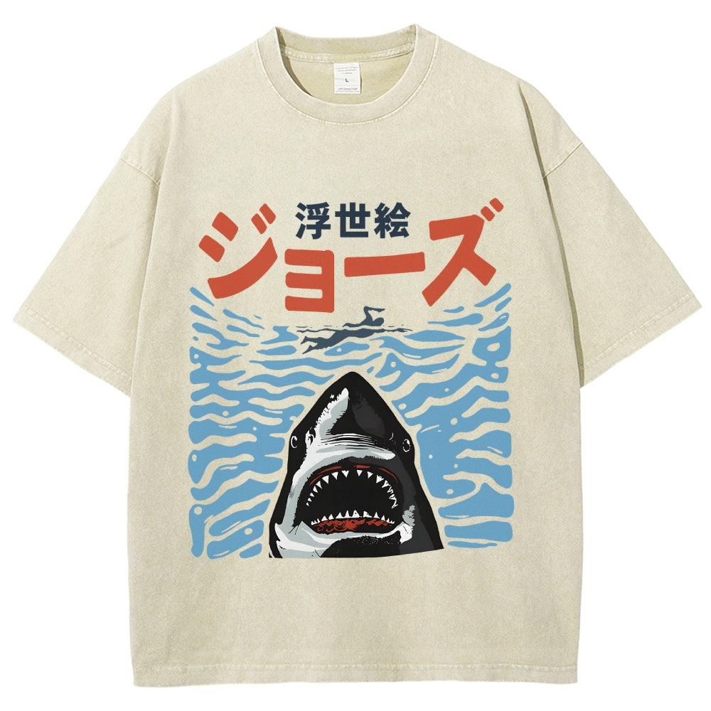 Ukiyoe Jaws Shark Vintage Washed T-shirt