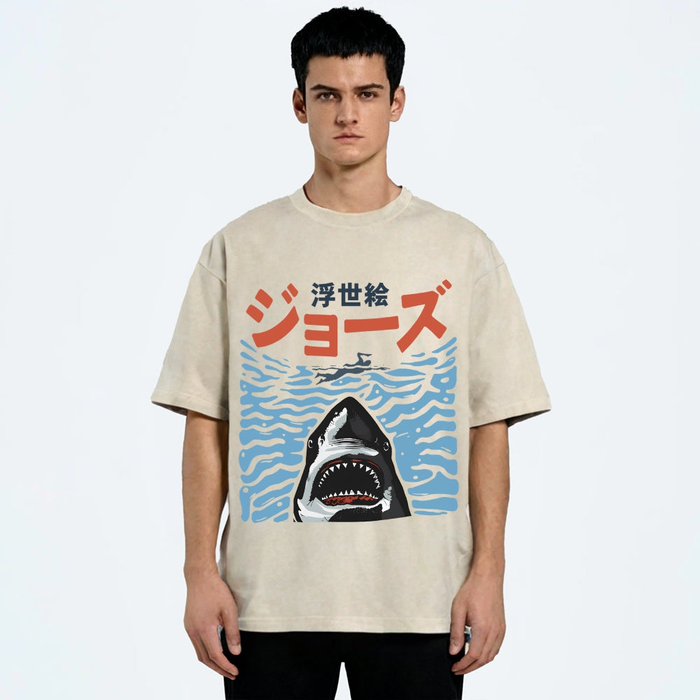 Ukiyoe Jaws Shark Vintage Washed T-shirt