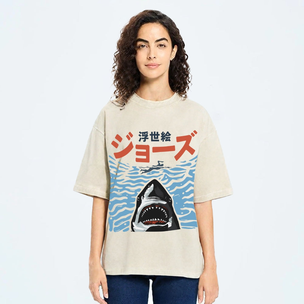 Ukiyoe Jaws Shark Vintage Washed T-shirt