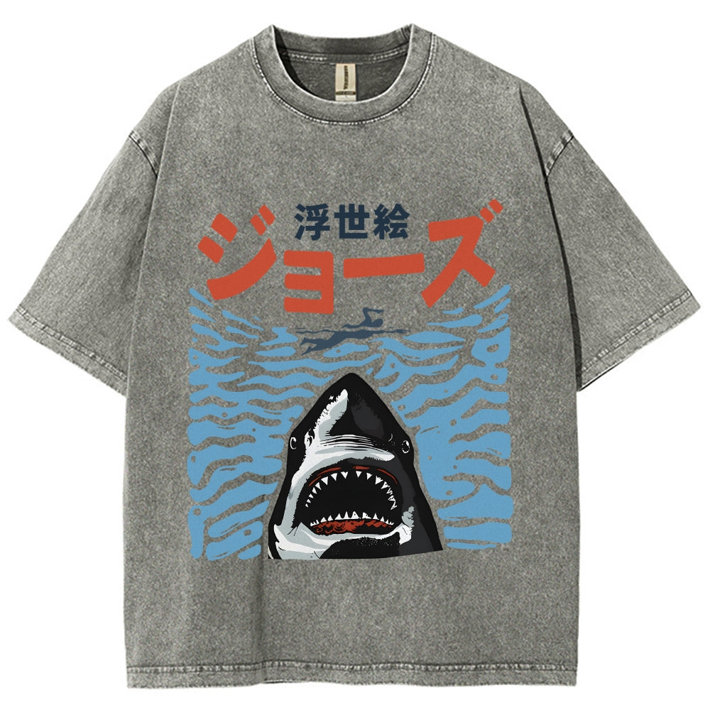 Ukiyoe Jaws Shark Vintage Washed T-shirt