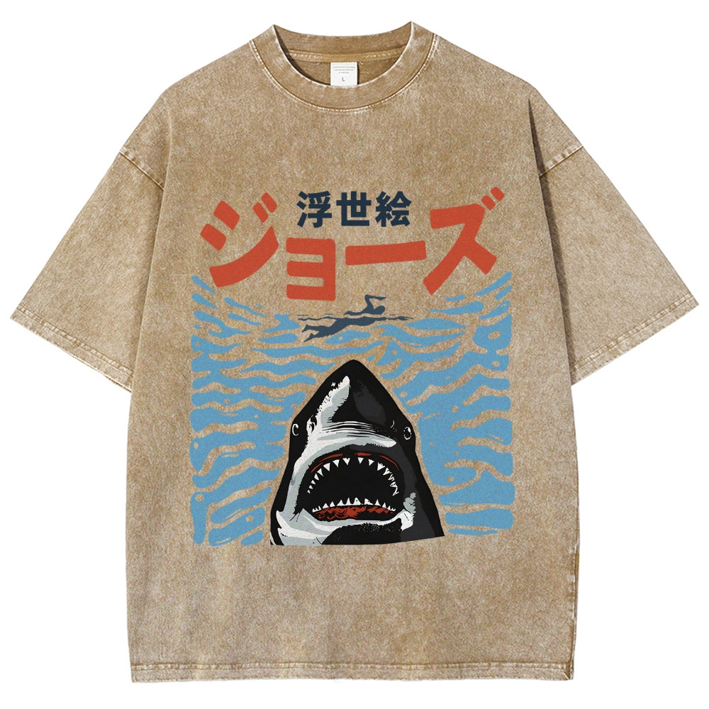 Ukiyoe Jaws Shark Vintage Washed T-shirt