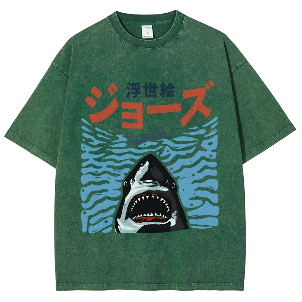 Ukiyoe Jaws Shark Vintage Washed T-shirt