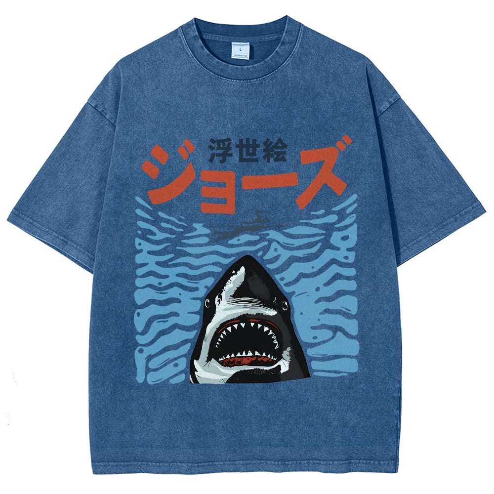 Ukiyoe Jaws Shark Vintage Washed T-shirt