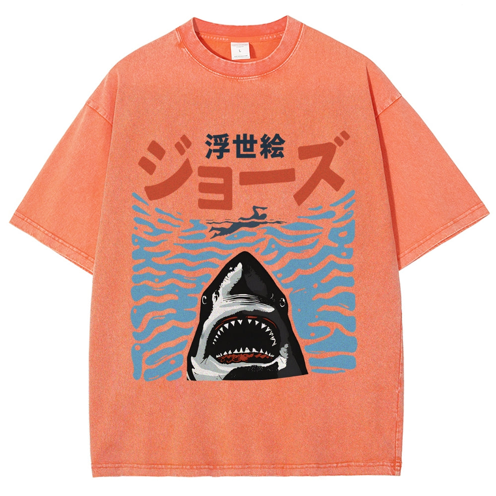 Ukiyoe Jaws Shark Vintage Washed T-shirt
