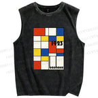 Unisex Bauhaus Geometric Design Printed Washed Tank Top